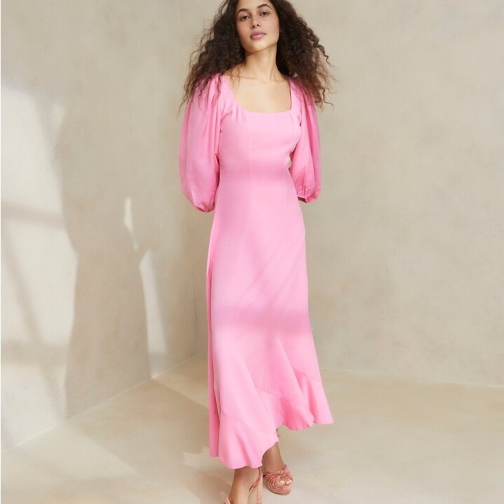 Loeffler Randall Pink Sundress with Bishop Sleeves and Square Neck